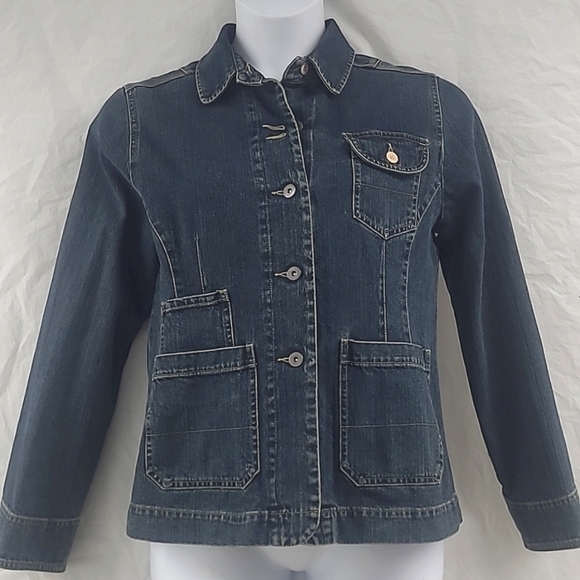 Denim Chore Jacket Workwear Utility Dark Wash Jean Coat Large Pockets Heritage - Picture 1 of 11